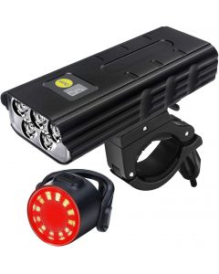 Bicycle Front Light and Taillight Set, 5 LEDs Bike Light, 3000 Lumens, Built-in 5200 mAh  Battery, Type-C Rechargeable, Waterproof
