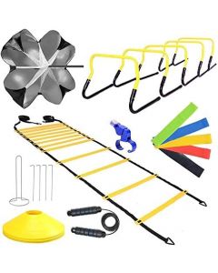 Speed Agility Training Set, 20 ft/12 Rung Agility Ladder, 5 Hurdles, 10 Cones, Resistance Bands,Parachute, Exercise Equipment for Soccer, Football, Track Field, Basketball, Footwork